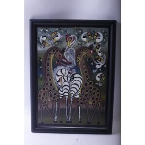 African Savanna Animals, Painting, Tingatinga Style, Giraffe, Zebra, Toucan,